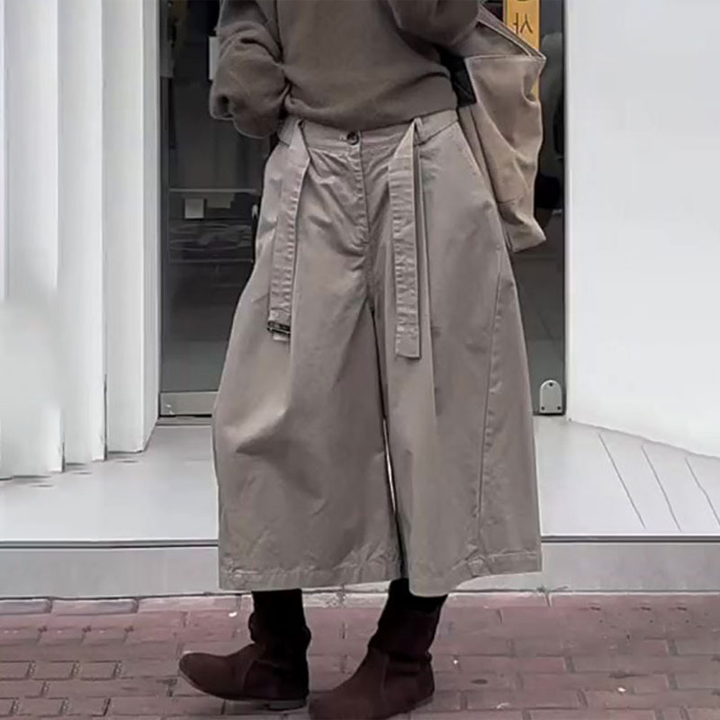 高端定制卡其色大码八分阔腿裤女