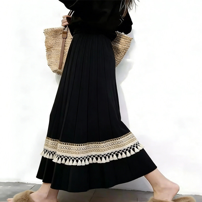 欧货高端定制黑色流苏边大码半身裙女2026早春新款民族风大摆裙子,女装/女士精品,大码半身裙,淘宝优惠券,粉丝福利购,淘宝优惠卷