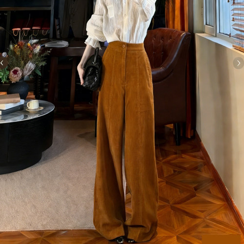 高端定制橙色灯芯绒大码阔腿裤女