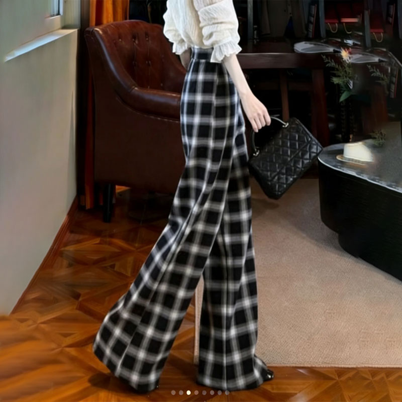 高端定制黑色格子大码阔腿裤女