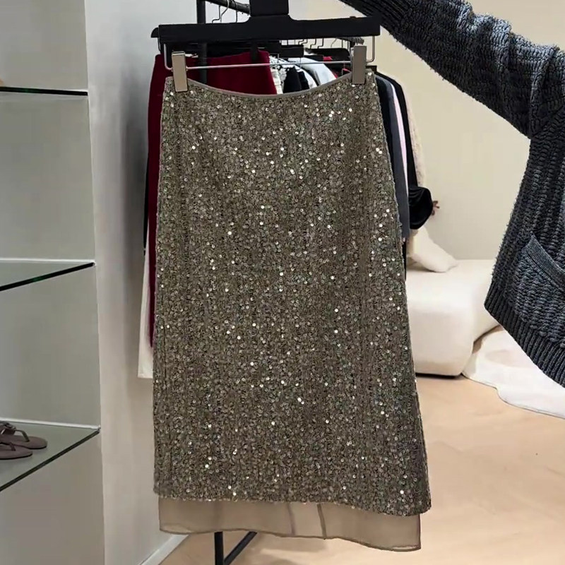 欧货高端定制沙色亮片大码半身裙女2025冬季新款加厚轻奢风A字裙,女装/女士精品,大码半身裙,淘宝优惠券,粉丝福利购,淘宝优惠卷