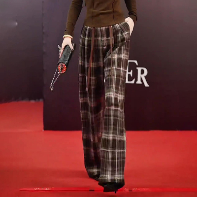 复古棕色时尚大码宽松格子裤女2025新年新款极简慵懒老钱风阔腿裤