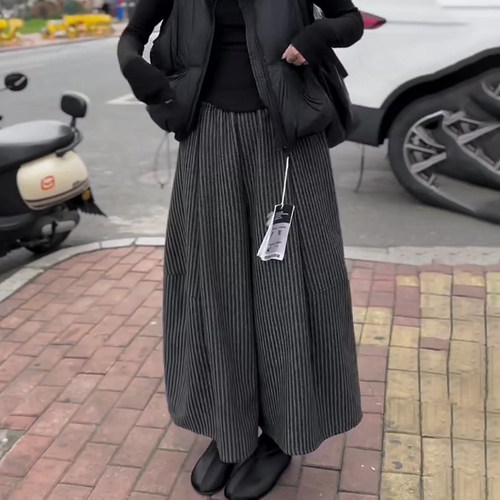 欧货高端定制黑色毛呢条纹阔腿裤