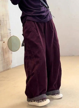 欧货高端定制紫色棉麻大码阔腿裤女2025秋冬新款加厚松弛感休闲裤