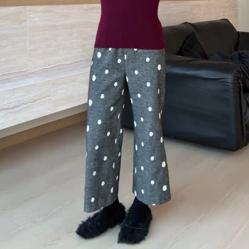 高端定制灰色圆点窄版阔腿裤女