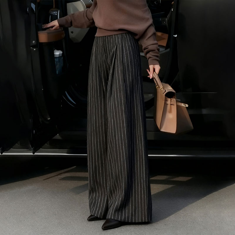高端定制黑色条纹大码阔腿裤女