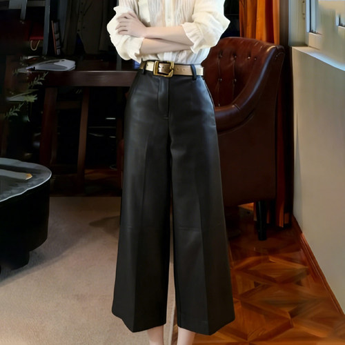欧货高端定制黑色大码阔腿pu皮裤