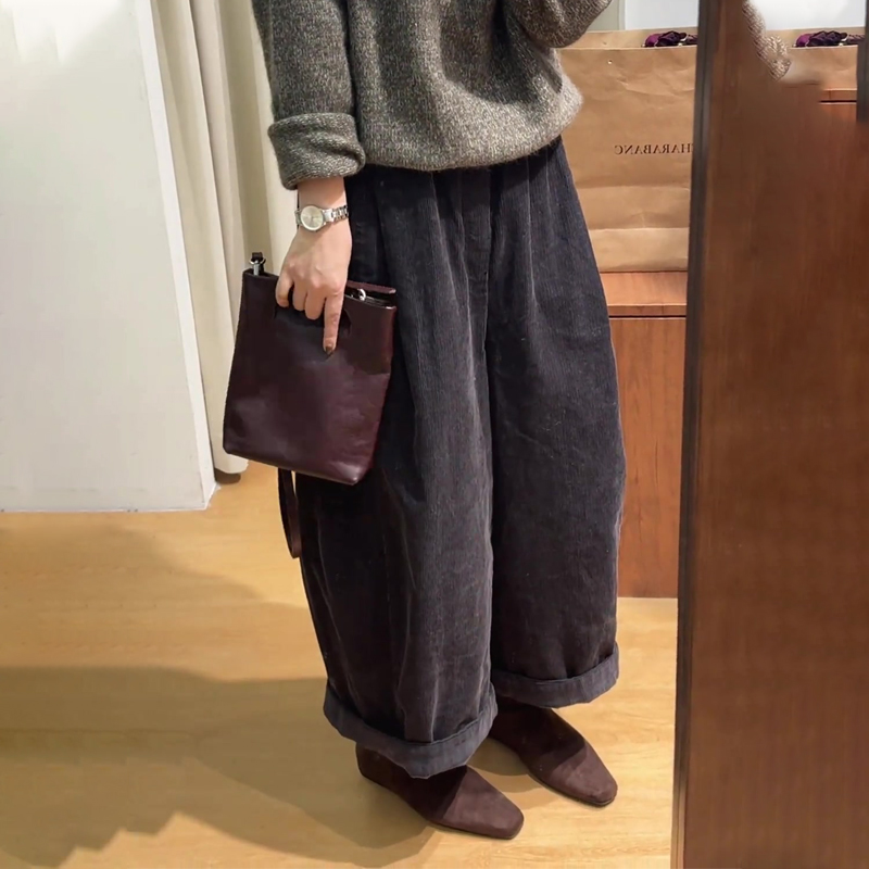 欧货高端定制灰色灯芯绒阔腿裤女