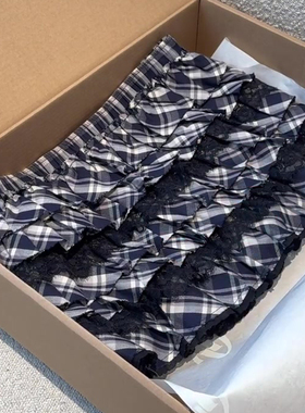 欧货高端定制蓝色格纹大码半身裙女2025冬季新款加厚蕾丝百褶裙子