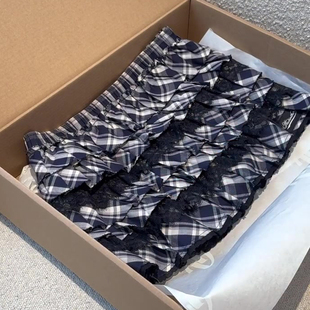 加厚蕾丝百褶裙子 新款 欧货高端定制蓝色格纹大码 半身裙女2025冬季