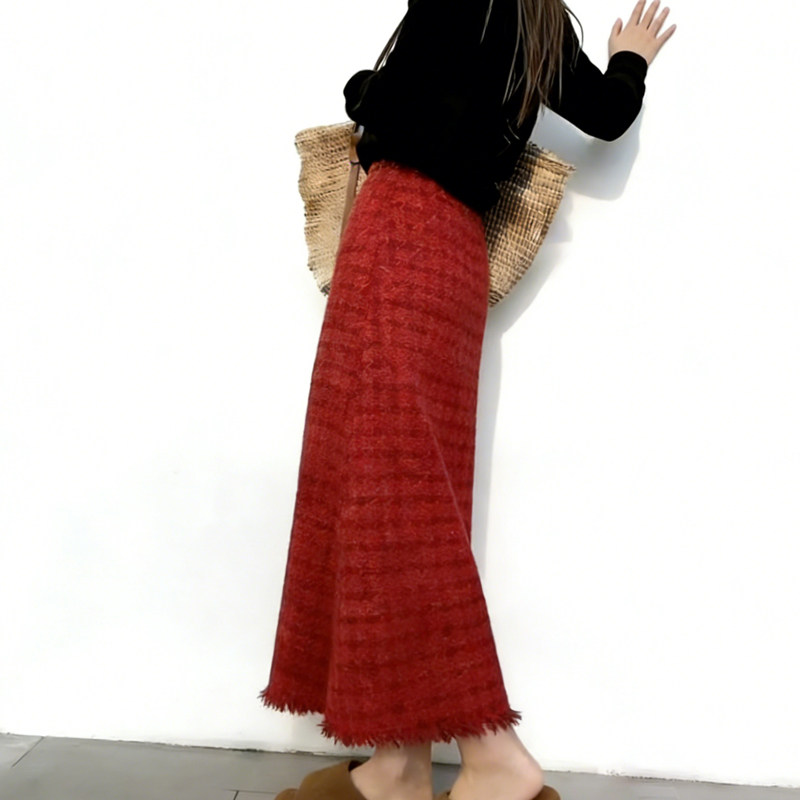 欧货高端定制红色毛呢大码半身裙