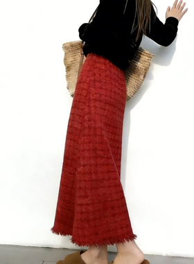 欧货高端定制红色毛呢大码半身裙女2025冬季新款加厚格纹A字裙子