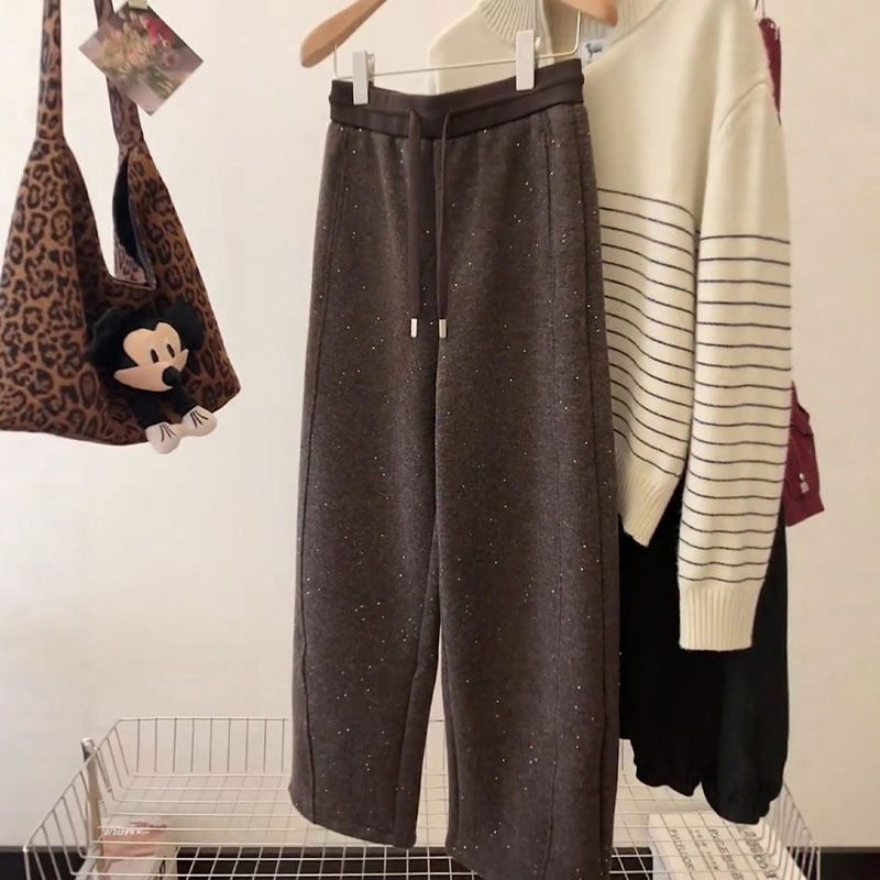 欧货高端定制咖色亮片大码阔腿裤女2025冬季新款加厚慵懒风休闲裤,女装/女士精品,大码裤装,淘宝优惠券,粉丝福利购,淘宝优惠卷