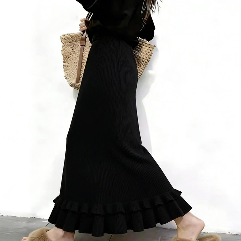 欧货高端定制黑色针织大码半身裙女2026早春新款轻熟荷叶边大摆裙,女装/女士精品,大码半身裙,淘宝优惠券,粉丝福利购,淘宝优惠卷