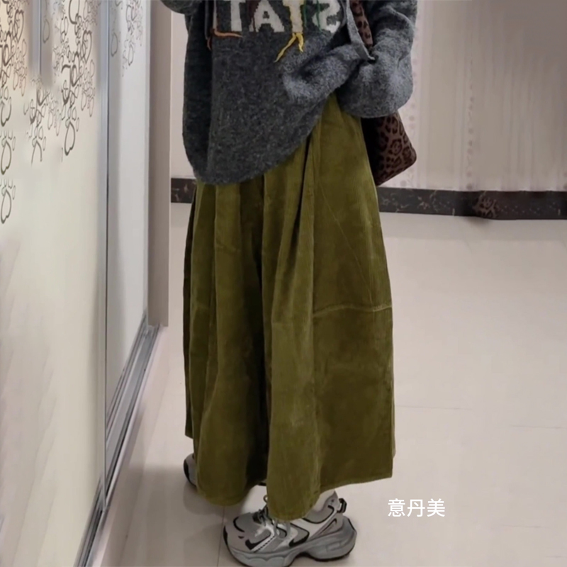 高端定制橄榄绿灯芯绒大码阔腿裤