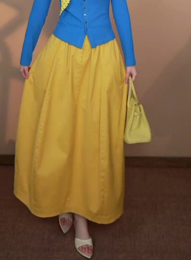 黄色休闲风高腰遮肉花苞裙女2025年春夏新款韩版通勤慵懒风半身裙