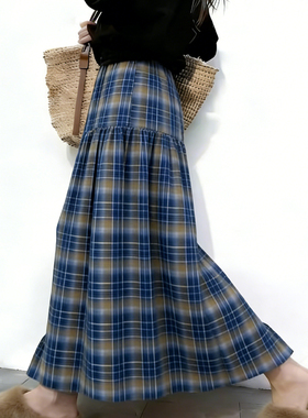 欧货高端定制蓝色格子大码半身裙女2025冬季新款加厚减龄大摆裙子