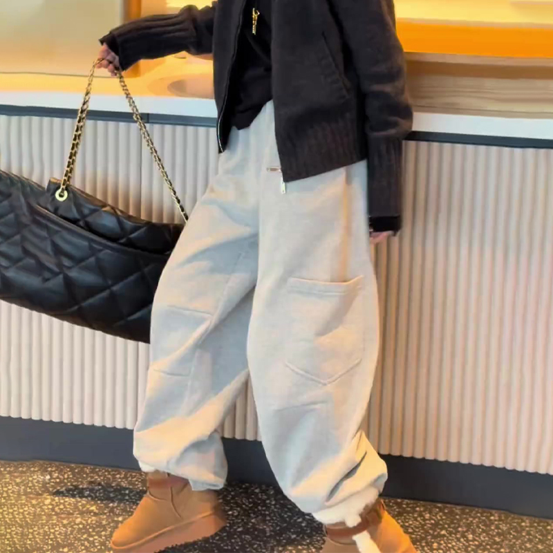 欧货高端定制浅灰色毛呢阔腿裤女