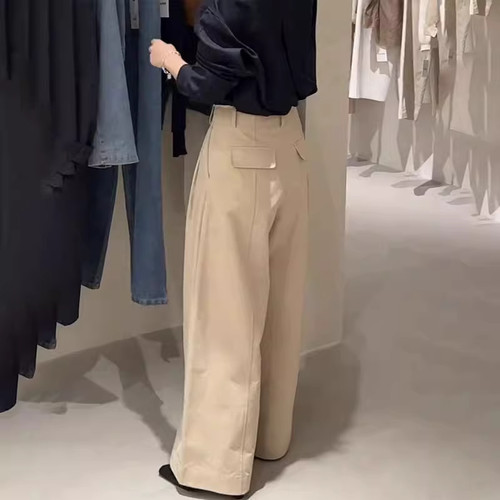 欧货高端定制浅卡其色大码阔腿裤