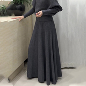 新款 欧货高端定制灰色针织大码 半身裙女2025冬季 加厚条纹大摆裙子