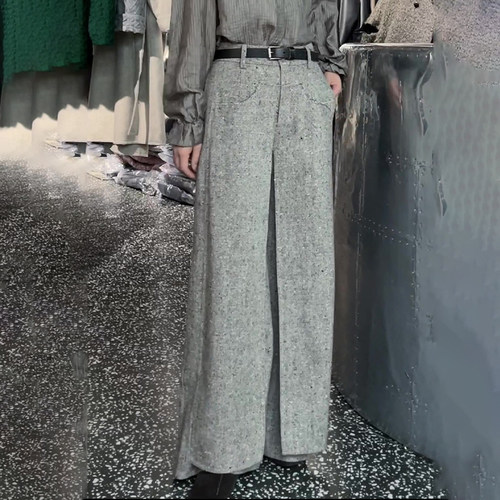 灰色大码加厚加宽高腰直筒羊毛裤