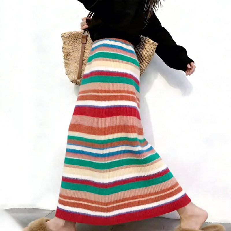 高端定制彩虹色针织大码半身裙女2026早春新款波西米亚风A字裙子,女装/女士精品,大码半身裙,淘宝优惠券,粉丝福利购,淘宝优惠卷