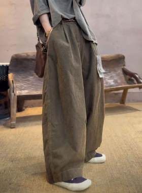 欧货高端定制卡其色大码棉麻阔腿裤女2025秋冬新款流行精品裤子