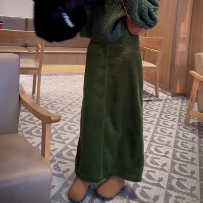 欧货高端定制绿色灯芯绒半身裙女