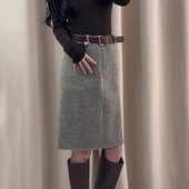 新款 欧货高端定制灰色毛呢大码 半身裙女2025冬季 加厚气质A字裙子