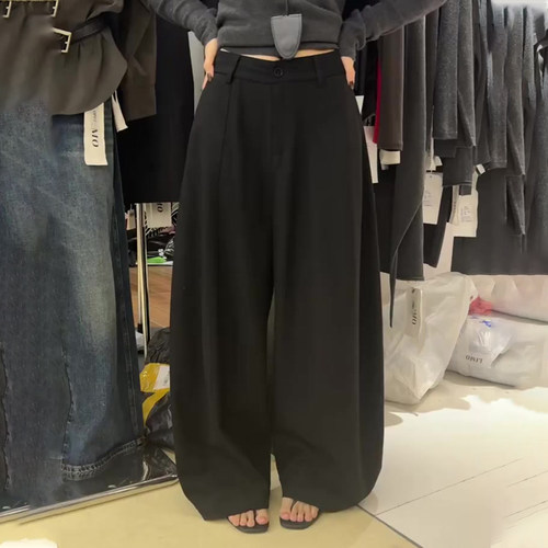 欧货高端定制黑色毛呢弯刀西裤女