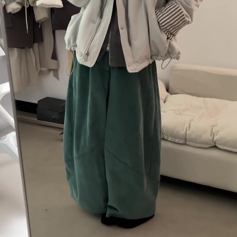 欧货高端定制墨绿色灯芯绒大码阔腿裤女2025秋冬新款加厚休闲裤子