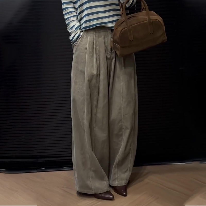 欧货高端定制灰棕色灯芯绒阔腿裤