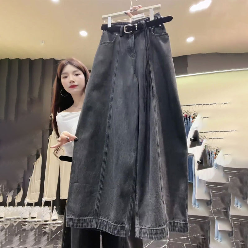 高端定制深灰色大码阔腿牛仔裤女
