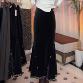 新款 欧货高端定制黑色丝绒大码 半身裙女2025冬季 加厚轻熟鱼尾裙子