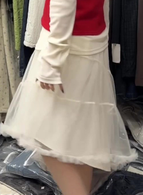 欧货高端定制白色网纱拼接大码半身裙女2026早春新款温柔A字裙子