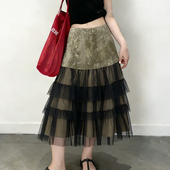 欧货高端定制灰绿拼黑纱大码 半身裙女2026春夏新款 温柔风A字裙子