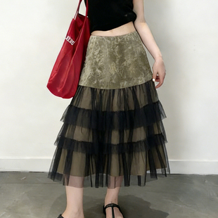 欧货高端定制灰绿拼黑纱大码半身裙女2026春夏新款温柔风A字裙子