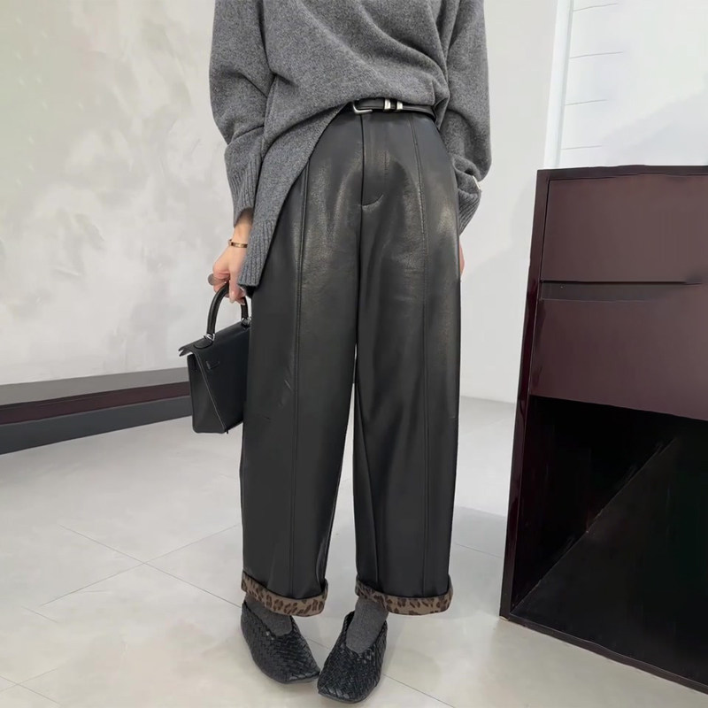 欧货高端定制黑色大码阔腿pu皮裤