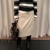 新款 高端定制白色灯芯绒大码 半身裙女2025冬季 加厚腰带设计直筒裙