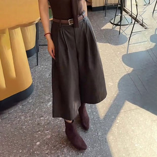 欧货高端定制棕色大码阔腿皮裤女2025冬季新款加厚慵懒七分休闲裤