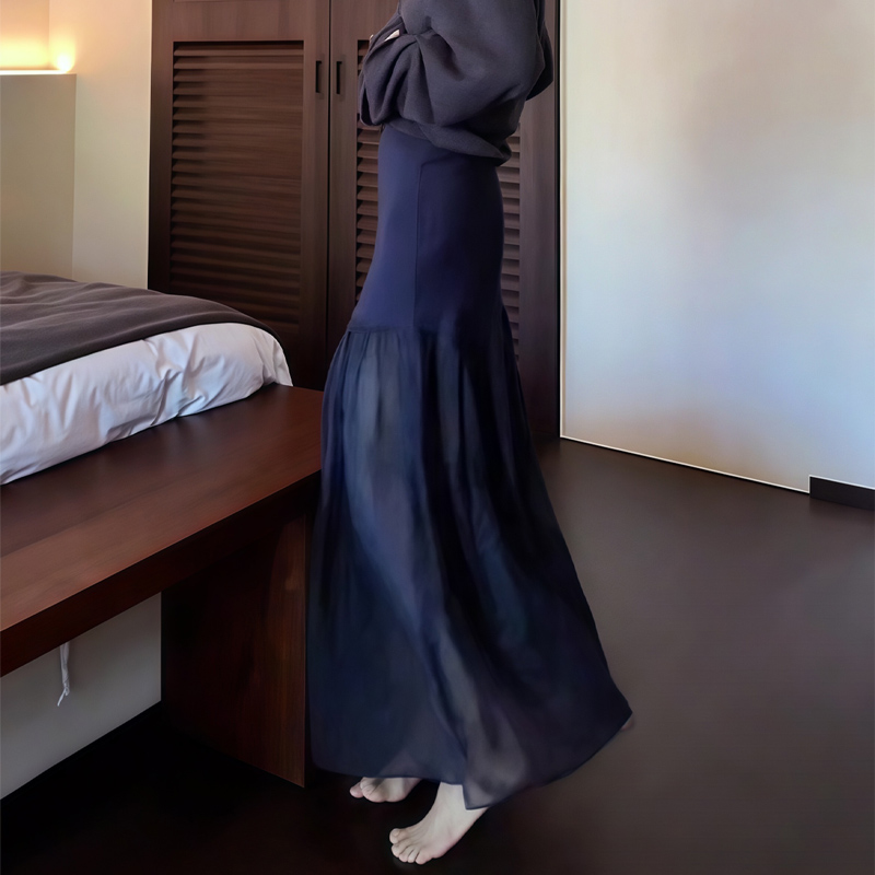 欧货高端定制蓝色拼接网纱半身裙