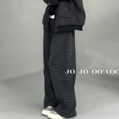欧货高端定制灰色条纹大码阔腿裤