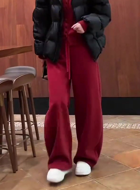 红色大码高腰窄版休闲裤女2025冬季新款街头运动慵懒百搭风直筒裤