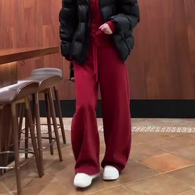 红色大码高腰窄版休闲裤2025冬季