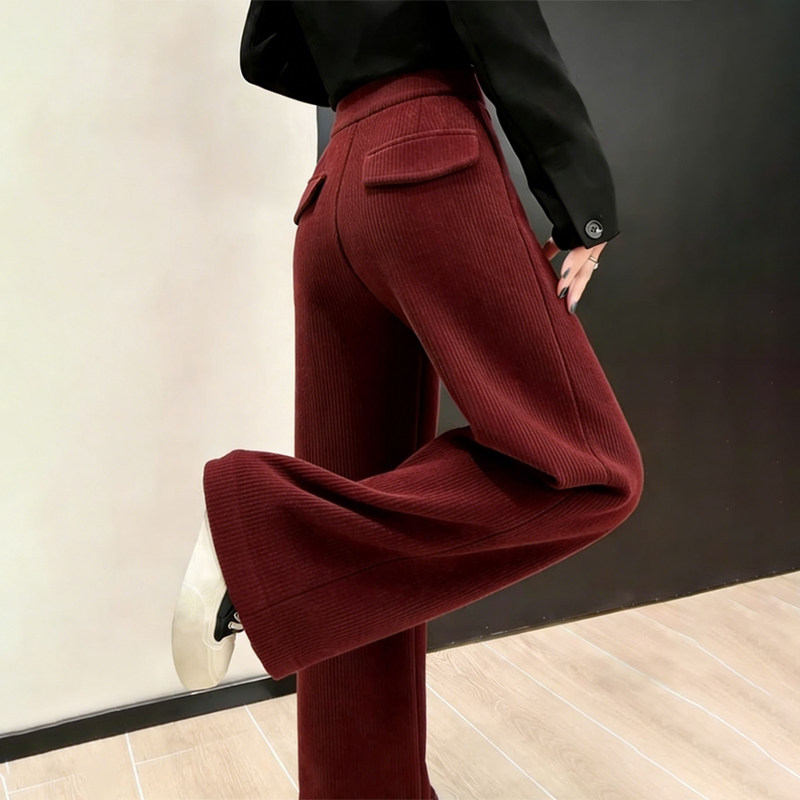 欧货高端定制深红色毛呢大码阔腿裤女2026早春新款慵懒休闲直筒裤,女装/女士精品,大码裤装,淘宝优惠券,粉丝福利购,淘宝优惠卷