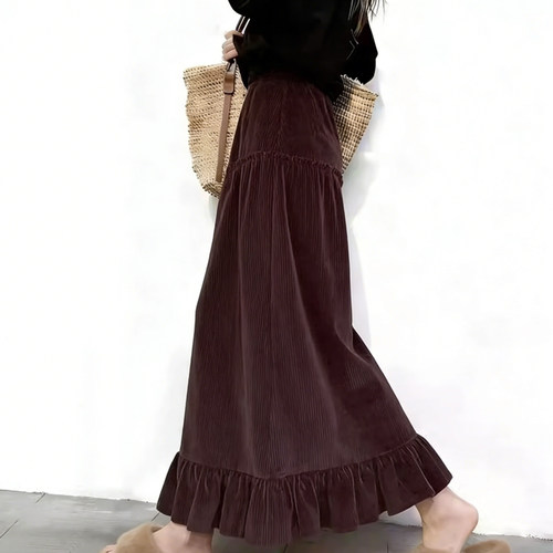 高端定制咖色灯芯绒大码半身裙女