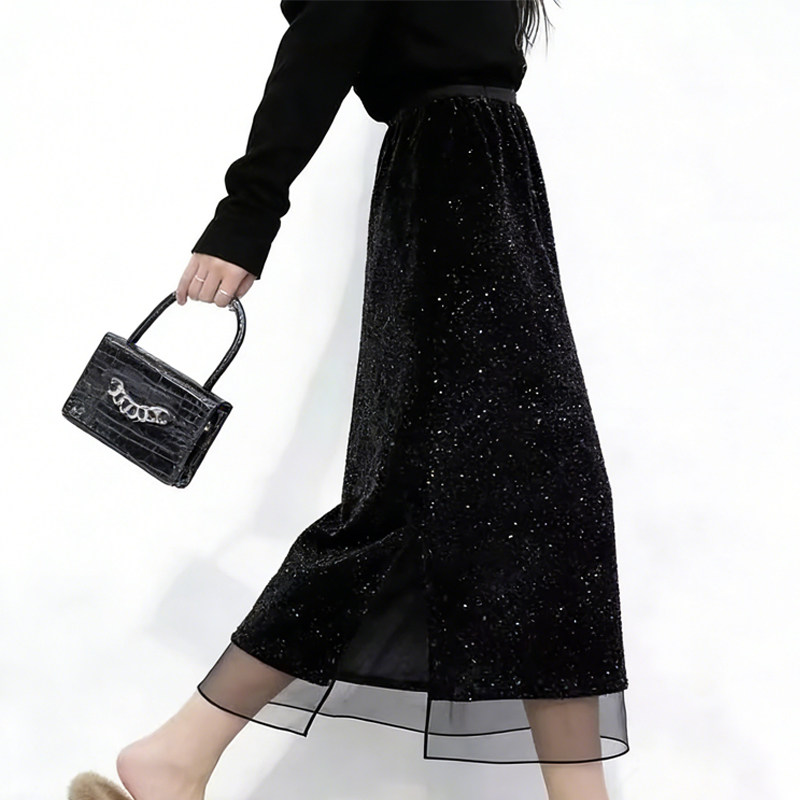 欧货高端定制黑色亮片大码半身裙女2026早春新款透纱拼接A字裙子,女装/女士精品,大码半身裙,淘宝优惠券,粉丝福利购,淘宝优惠卷