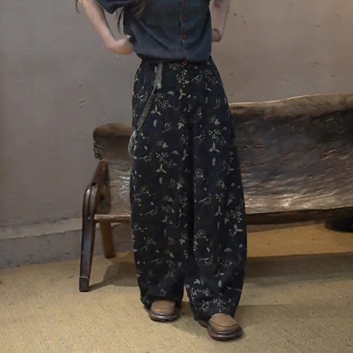 欧货高端定制黑色碎花宽松阔腿裤