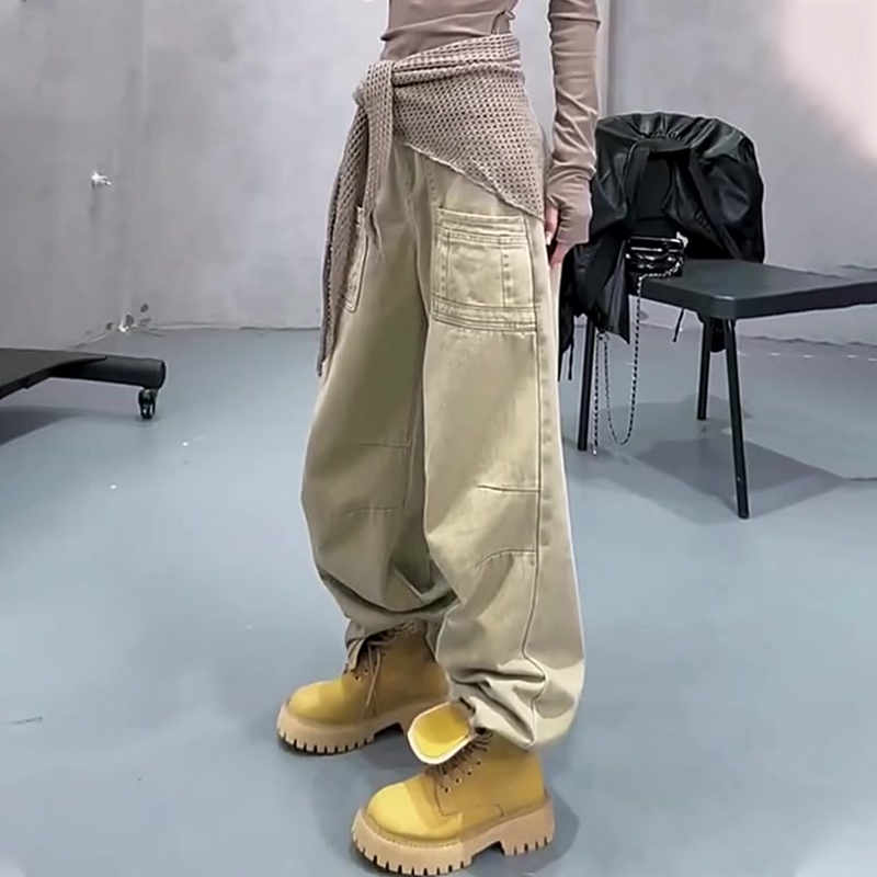 高端定制卡其色大码阔腿工装裤女