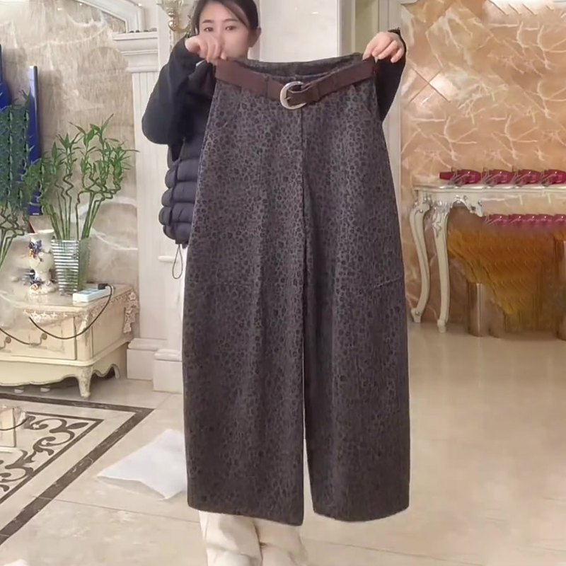 高端定制浅棕色豹纹大码阔腿裤女